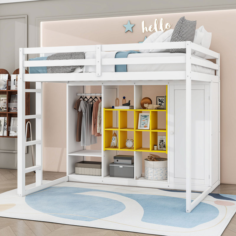 Lit mezzanine en bois avec armoire ouverte et tablettes, Complète, Blanc / Jaune