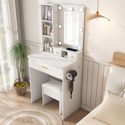 Vanity Table With Mirror & Adjustable LED Lights, Power Outlet, Hairdryer Holder & Stool – Compact Dressing Desk For Small Bedrooms