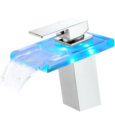 Led Bathroom Tap: 3 Colors Waterfall Spout, Deck Mounted, Single Handle, Hot Cold Water Mixer, Brass Inner Contemporary Faucet With : Hole, & Mixer