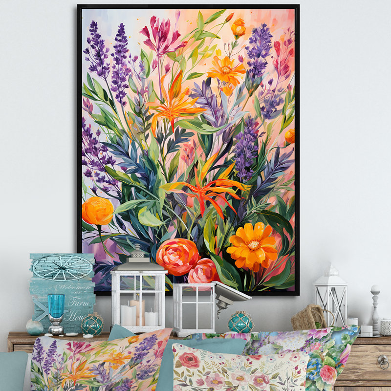 Fête des herbes mauves - Art mural floral, H 40 po x l 30 po, Encadrement doré
