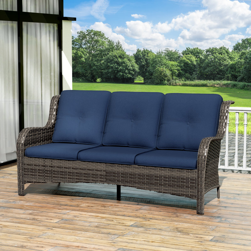 Anahit 73'' Wide Straight Wicker Patio Sofa with Cushions, Navy
