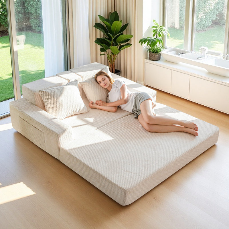 Boneless Black Corduroy Loveseat Sofa Bed, 4 In 1 Foldable Floor Sofa Couch In A Box With 2 Cup Holders, Beige Corduroy