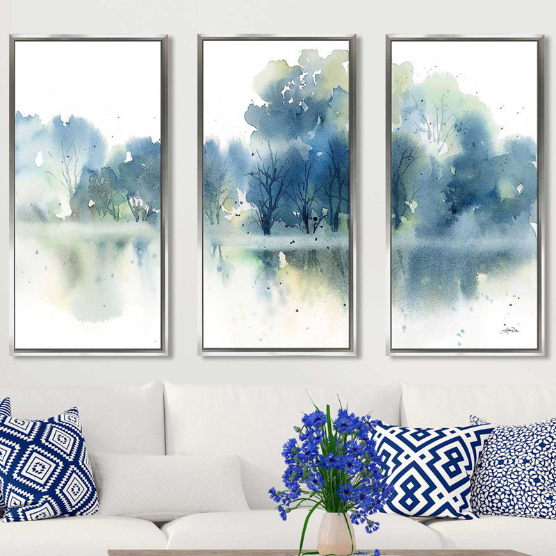 "Blue Pond Reflections" par Katrina Pete, peinture sur toile flottante 3 pièces, L 52,5 po x H 33,5 po
