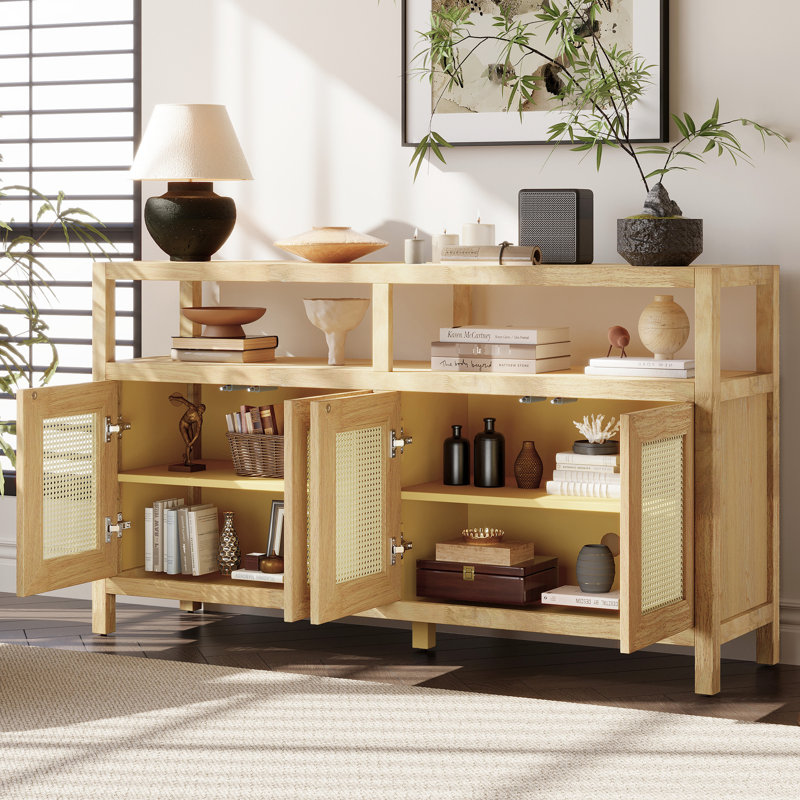 Buffet avec accents en bois massif, 3 positions de tablettes réglables, fonction d'ouverture par pression, pour placage de frêne pour armoire de rangement, 3 adaptabilité, aucune conception, ajout de chaleur organique