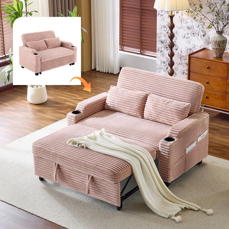  Upholstered Corduroy Convertible Reclining Sleeper Couch Pull Out Sofa Sofa Bed Loveseat Recliner For Small Space, Pink