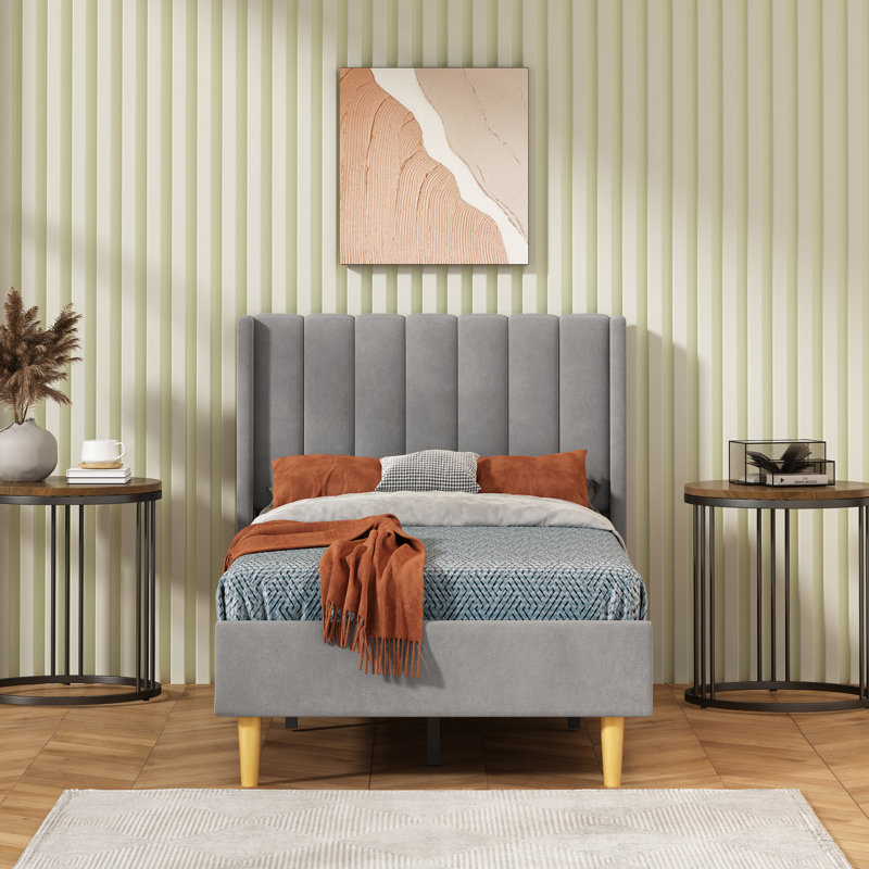 Base de lit tapissier avec tête de lit à oreilles Deeb, Velours gris, Simple