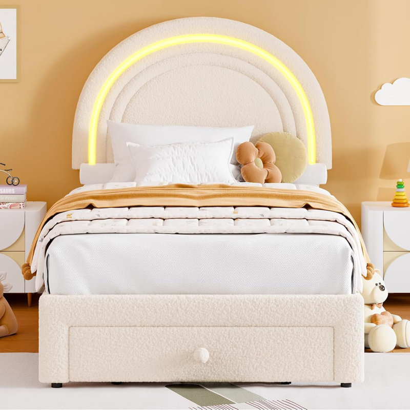 Structure de lit simple tapissier avec tiroir de rangement, lit princesse pour enfants avec tête de lit arc-en-ciel, Beige