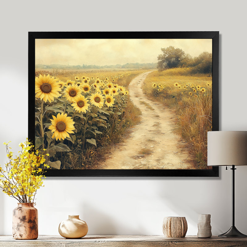 Donalyn tournesols le long du chemin de terre I - tournesols, art mural, Reproduction encadrée d'une seule photo