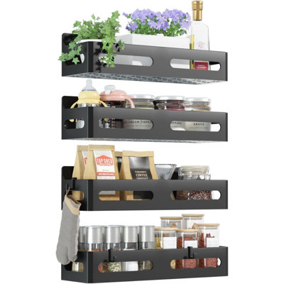 4-Pack Magnetic Spice Rack for Refrigerator with Hooks, Black | Strong multipurpose magnetic shelf for kitchen & bathroom organization. Includes 4 removable hooks for hanging items.