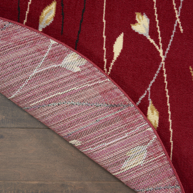 Tapis rouge à motif floral Aratrika, Rond 5 pi 3 po