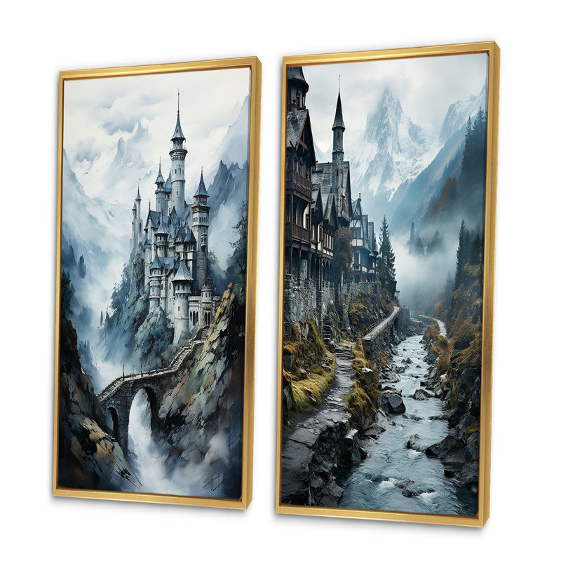 «Castles Misty Mountain Fortress», 2 pièces sur toile, Encadrement doré, H 40 po x l 40 po