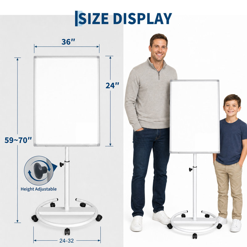 36 x 24'' Rolling Magnetic Dry Erase Whiteboard, Mobile Standing White Board with Height Adjustable Stand, Lockable Wheels & Hooks, White