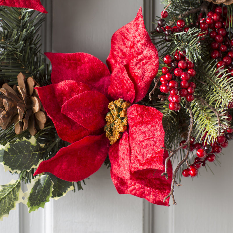 18" Artificial Spruce Poinsettia Berry Christmas Wreath