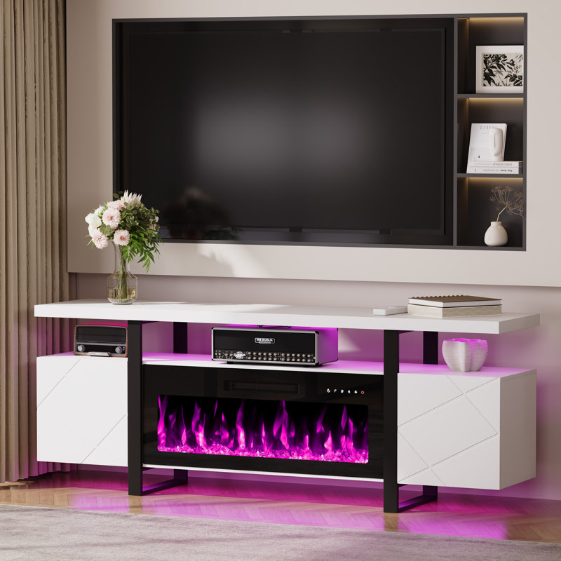 Meuble télé 69 po pour téléviseur de 80 po ou moins avec foyer électrique et tablettes réglables, Blanc