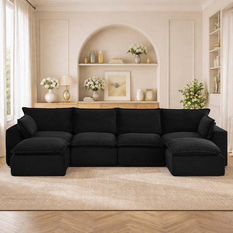 Canapé d'angle modulaire de 140 pouces, en velours côtelé résistant aux animaux, montage sans outils, Black Corduroy