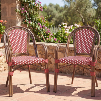 French Bistro Chair Set of 2 | Outdoor Hand-Woven Rattan Wicker Dining Armchair for Patio Porch Garden | Bamboo Print Finish
