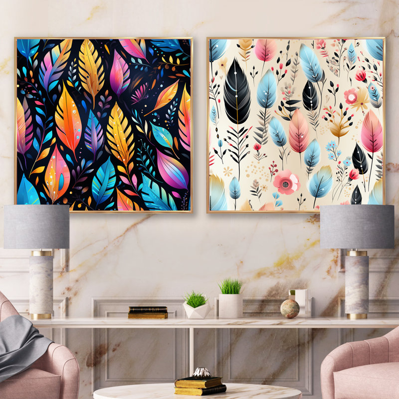 Tomoyo - Ensemble de 2 collages abstraits carrés, H 16 po x l 33 po, Cadre flottant doré