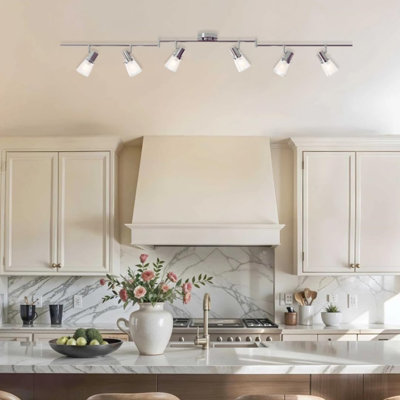 6-Light Decorative Track Lighting Kit Brushed Steel Finish Flush Mount Ceiling Light Fixture With Frosted Glass Shades