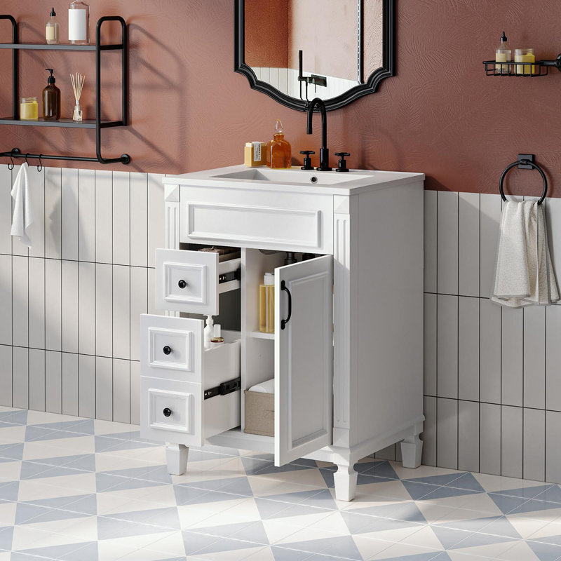 Meuble-lavabo avec lavabo en céramique, 2 tiroirs et tablette réglable, Blanc, Noir