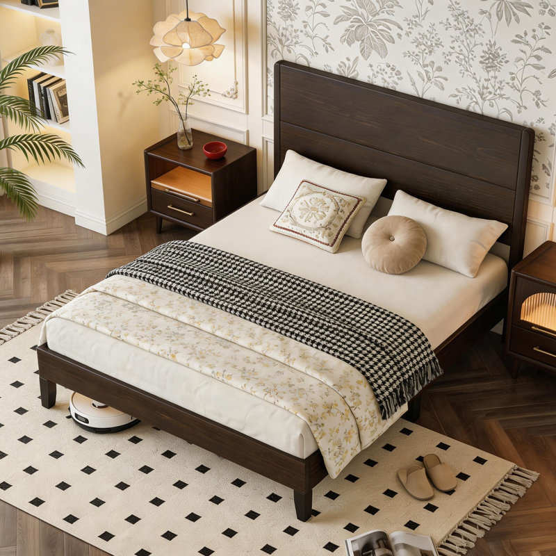 Solid Wood Bed Frame With 36.5" Headboard, Mid Century Modern Platform Bed With Silent Wood Slat System, No Box Spring Needed, Under-Bed Storage, Brown
