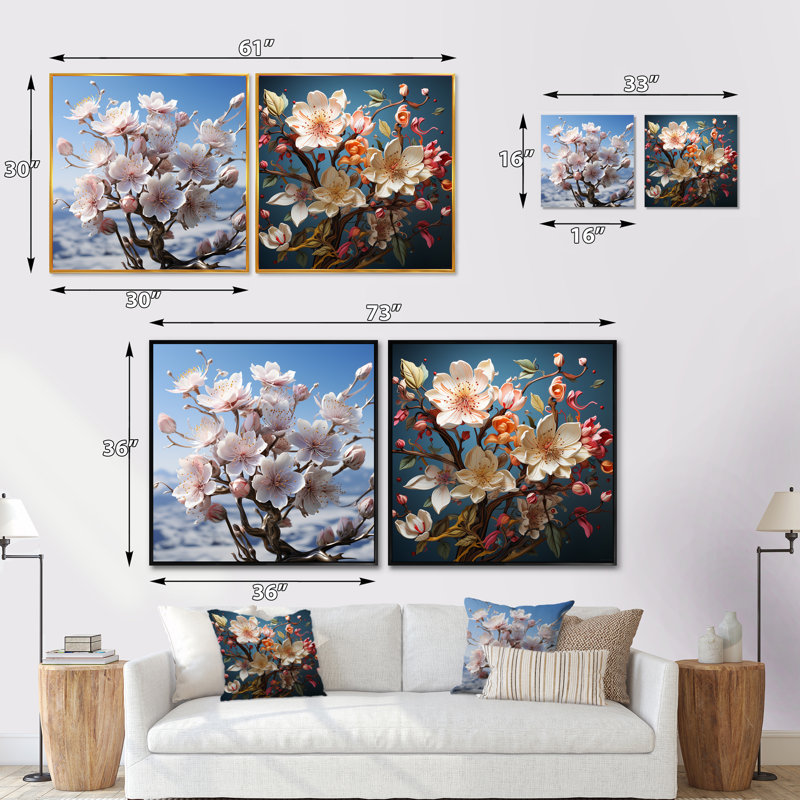 Gentle Magnolia Song - Ensemble de 2 collages carrés Magnolias, Cadre flottant blanc, H 16 po x l 33 po