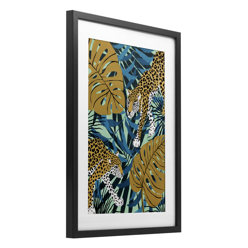 «Guépard traqué avec feuilles», reproduction encadrée sous verre, design par Yvette St. Amant, H 20 po x l 14 po