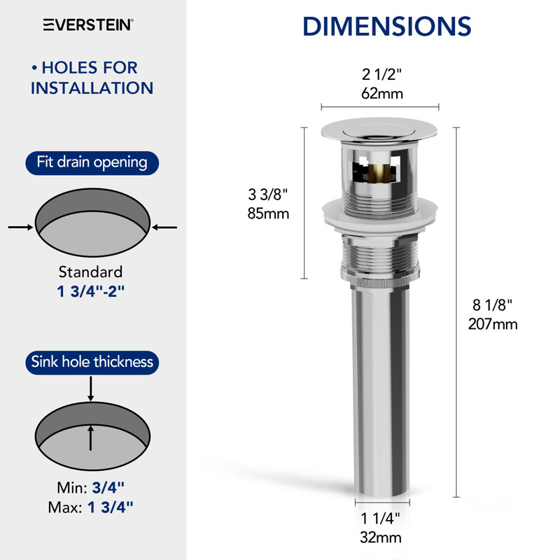 Pop-Up Bathroom Sink Drain with Overflow, Chrome