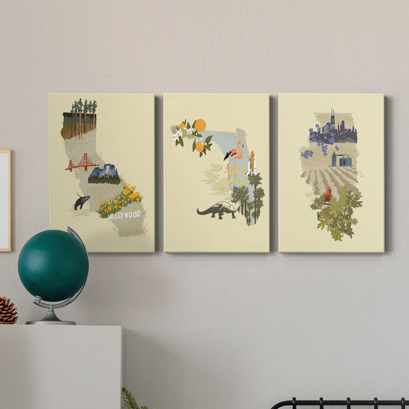 «Illustrated State-California», ensemble de 3 impressions sur toile tendue, H 12 po x l 24 po x P 1 po