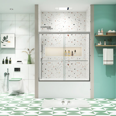 Porte de douche de salle de bain à dérivation avec verre trempé de 1/4 po - Film éclatant, coulissante confortable, verre de baignoire facile à installer, finition, 36 000 fois testée, fuite, à assembler