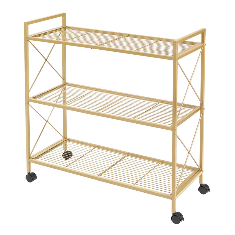Étagère de rangement en métal à 3 niveaux avec roulettes, étagère en maille avec cadres latéraux en X, Doré