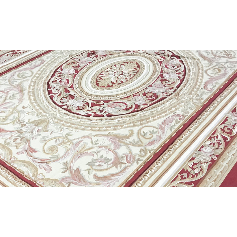 Hand-Knotted High-Quality Beige and Red Area Rug, Rectangle 8'10" x 12'5"