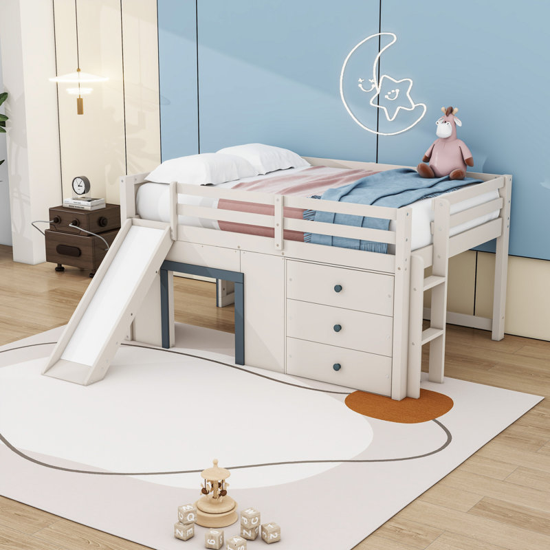 Lit mezzanine double en bois avec tiroirs, échelle et glissoire, Beige gris