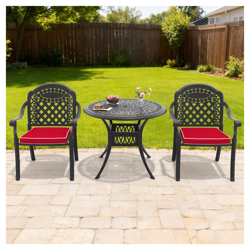 Ensemble de meubles de patio 3 pièces en fonte d'aluminium avec coussins rouges, ensemble de conversation extérieur résistant à la rouille pour le jardin et la terrasse