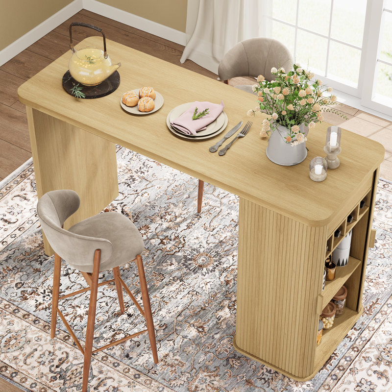 Table de salle à manger à hauteur de comptoir avec rangement, table de bar rectangulaire avec tiroir et support à vin, Chêne