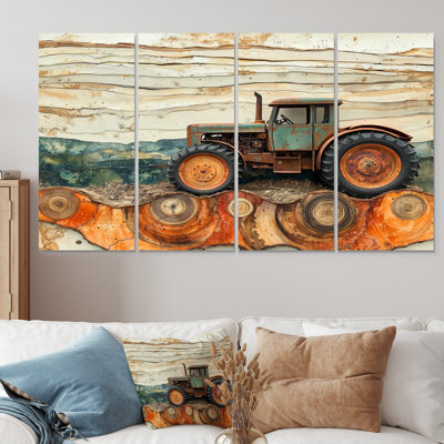 Ferme avec paysage de tracteur sur un dessus orange - Art mural ferme - décoration murale campagne 4 pièces