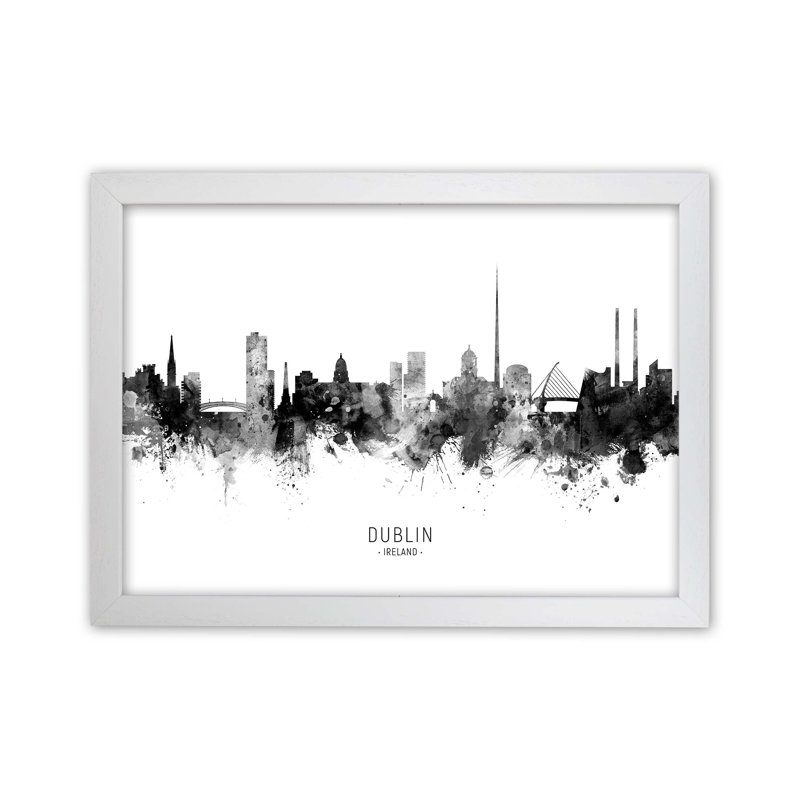 Dublin Ireland Skyline Black White City Name by Michael Tompsett - Print, 46cm H x 63cm W x 3cm D, White Framed
