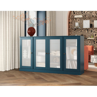 100% Solid Wood 65" Sideboard with Frosted Glass Doors, 2-Drawers and Adjustable Shelves