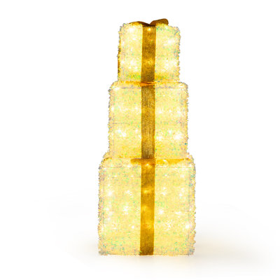 Set Of 3 Christmas Lighted Gift Boxes Pre-Lit Tinsel Present Boxes