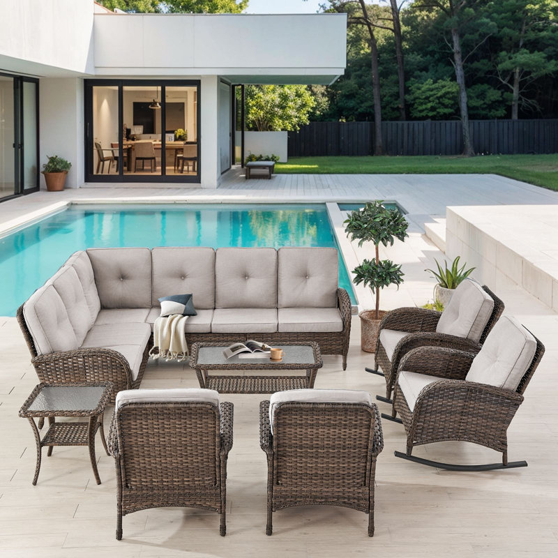 Valierius L-Shaped Outdoor Sectional Sofa Set With Rocking Chairs & Side Table, Beige
