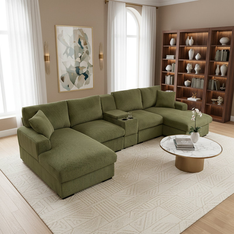 U Shaped Cloud Couch Sectional Sofa, Green Corduroy