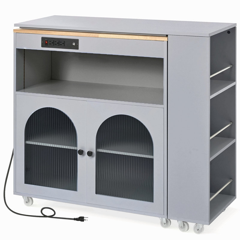 Rolling Kitchen Island With Extended Table, Kitchen Island On Wheels With LED Lights,Power Outlets And 2 Fluted Glass Doors, Kitchen Island With A Storage Compartment And Side 3 Open Shelves