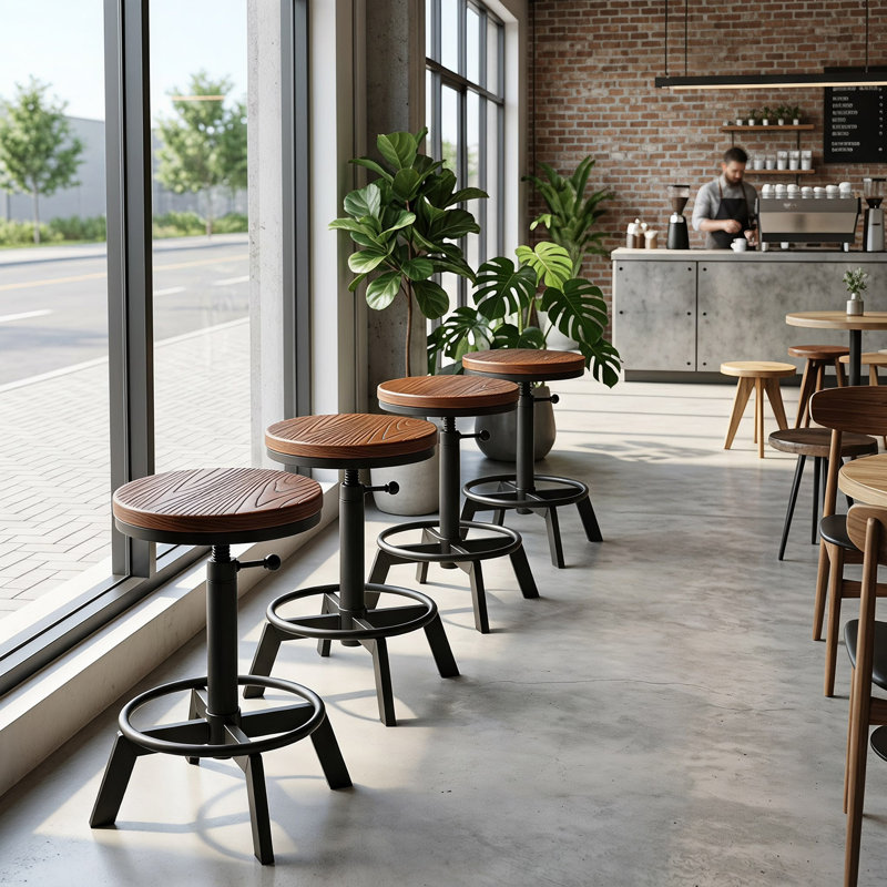 Altimari Swivel Pine Solid Wood Adjustable Height Counter Stool with Iron Frame