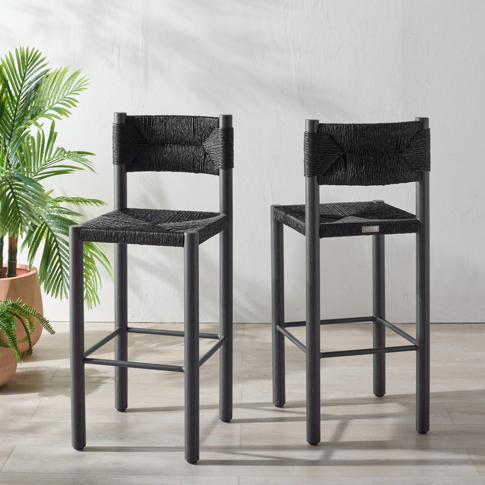 Indie Rattan Weaving Outdoor Barstool, Black