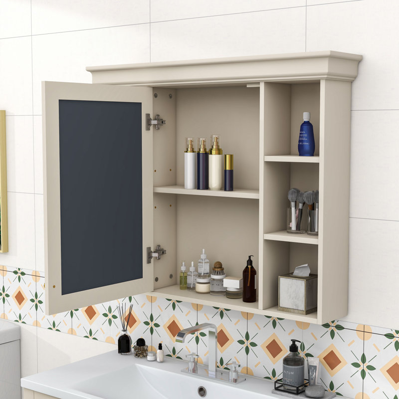 Armoire de salle de bain murale moderne Yolany avec porte miroir et tablettes réglables, Beige