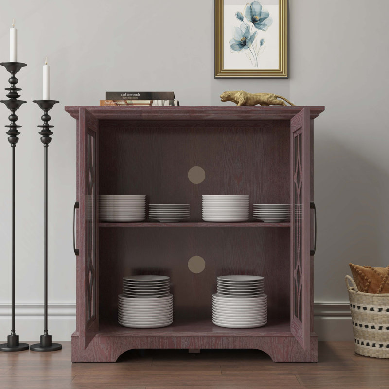 Buffet spacieux de 34,37 po x 15,55 po x 34,06 po à 2 portes en verre trempé transparent avec tablette réglable, panneau de fibres à densité moyenne et stratifié décoratif rouge foncé pour la salle à manger, la cuisine et le salon
