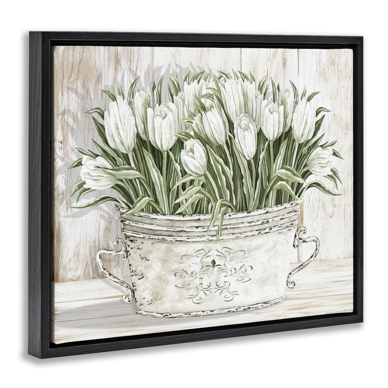 Fleurs fraîches de tulipes blanches rétro, Cadre flottant noir de jais, H 25 po x l 31 po
