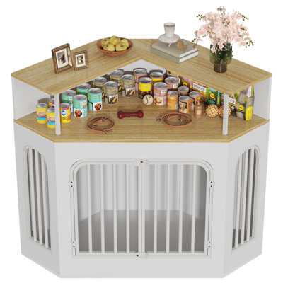 Meuble de coin 2-en-1 pour chien avec porte en arche, meuble télé et table d'appoint, fer et bois robustes, capacité de 200 lb, blanc
