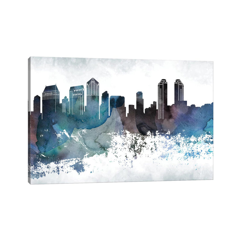 San Diego Bluish Skylines - Print on Canvas, 152.5 cm H x 101.5 cm W, Black Framed