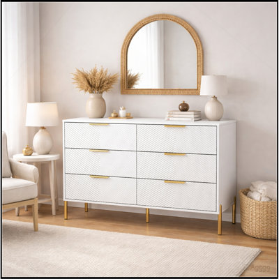 Modern 6-Drawer Dresser, Wide Wooden Chest of Drawers with Large Storage, Clothes Organizer Cabinet for Bedroom, Living Room, Hallway, Closet (White)