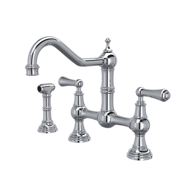 Edwardian Bridge Kitchen Faucet With Side Spray, Unlacquered Brass, Lever